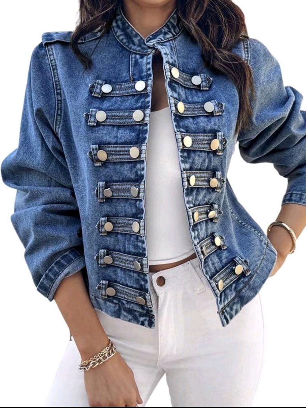 Denim Military-Style Blue Women's Jacket - Picture 3 of 5